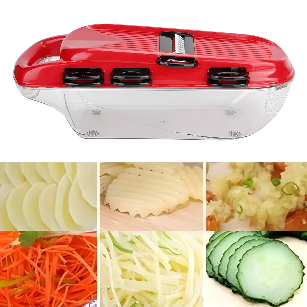 Red multifunctional vegetable cutter with seven stainless steel blades and a clear PET storage container.