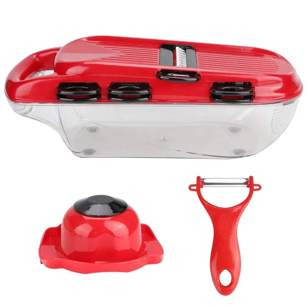 Red multifunctional vegetable cutter with seven stainless steel blades and a clear PET storage container.