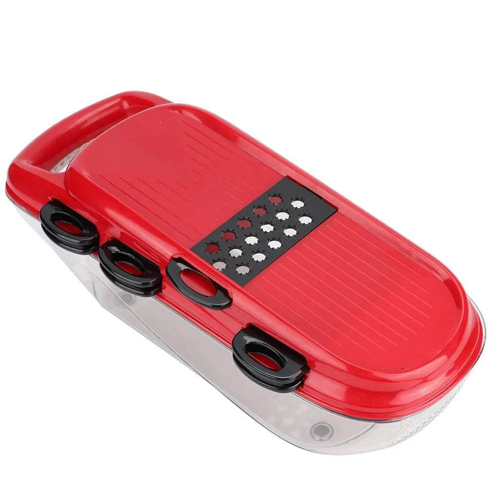 Red multifunctional vegetable cutter with seven stainless steel blades and a clear PET storage container.