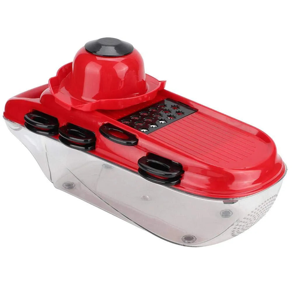 Red multifunctional vegetable cutter with seven stainless steel blades and a clear PET storage container.