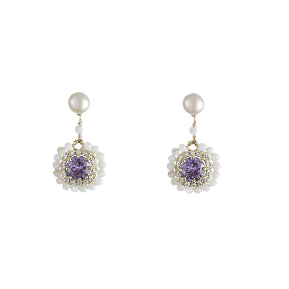 Natural freshwater pearl flower earrings with diamond treatment in purple and pink colour options for women