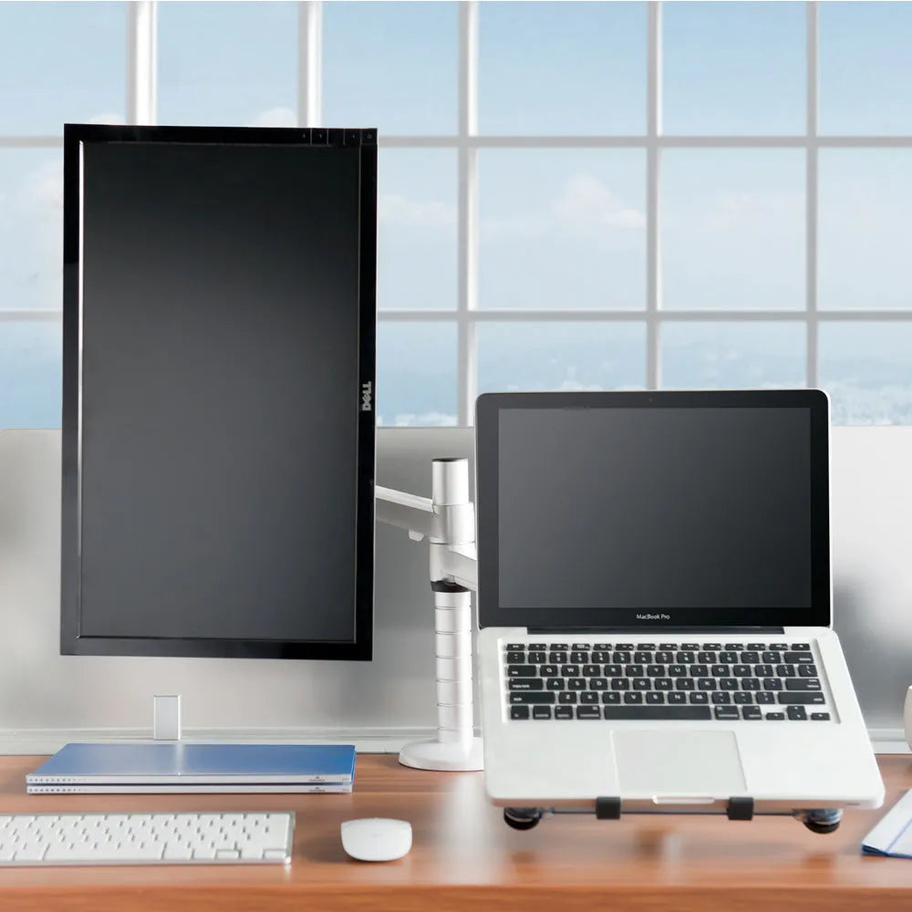 Silver multimedia dual-purpose bracket supporting a notebook and monitor with double-section arm