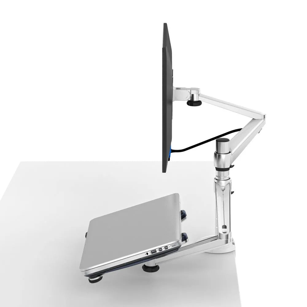 Silver multimedia dual-purpose bracket supporting a notebook and monitor with double-section arm