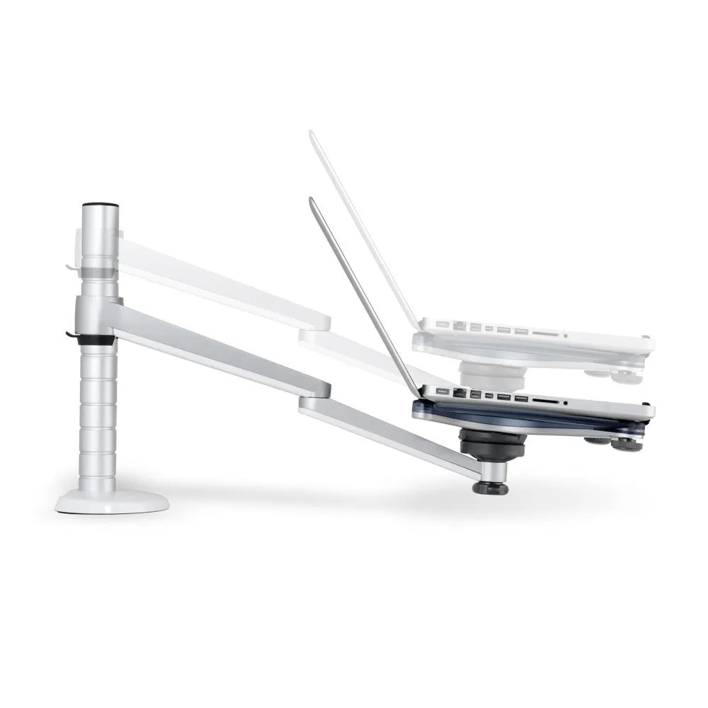 Silver multimedia dual-purpose bracket supporting a notebook and monitor with double-section arm