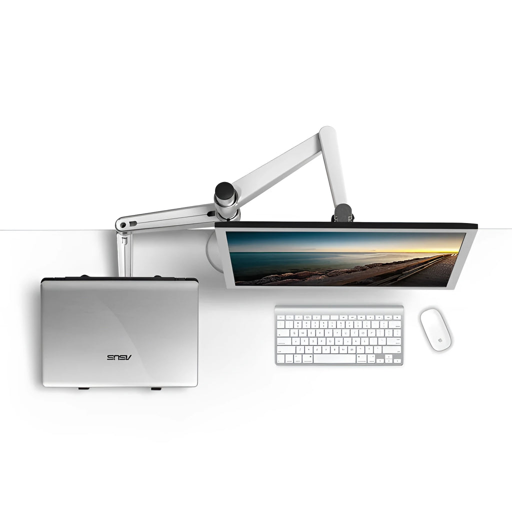 Silver multimedia dual-purpose bracket supporting a notebook and monitor with double-section arm