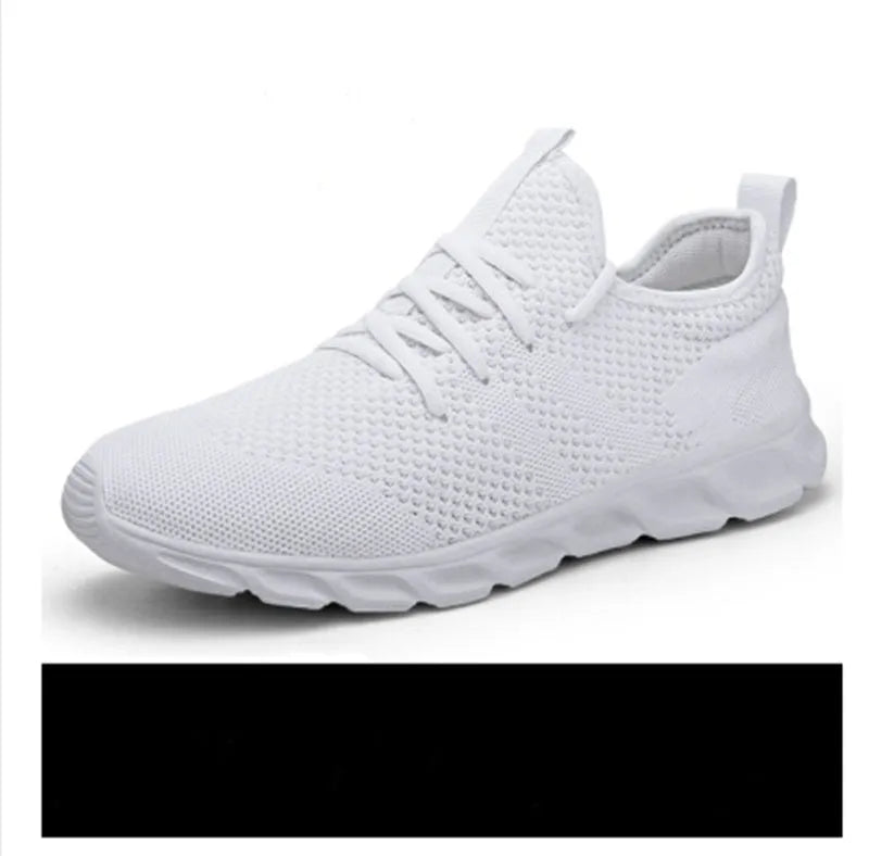 Men's black and white mesh jogging shoes with PVC sole and lace-up closure