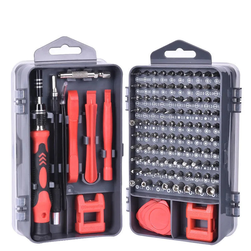 117 in 1 electronics screwdriver set with magnetic driver, bits, and flexible extension in a coloured case.