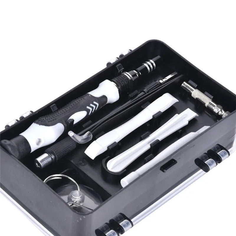 117 in 1 electronics screwdriver set with magnetic driver, bits, and flexible extension in a coloured case.