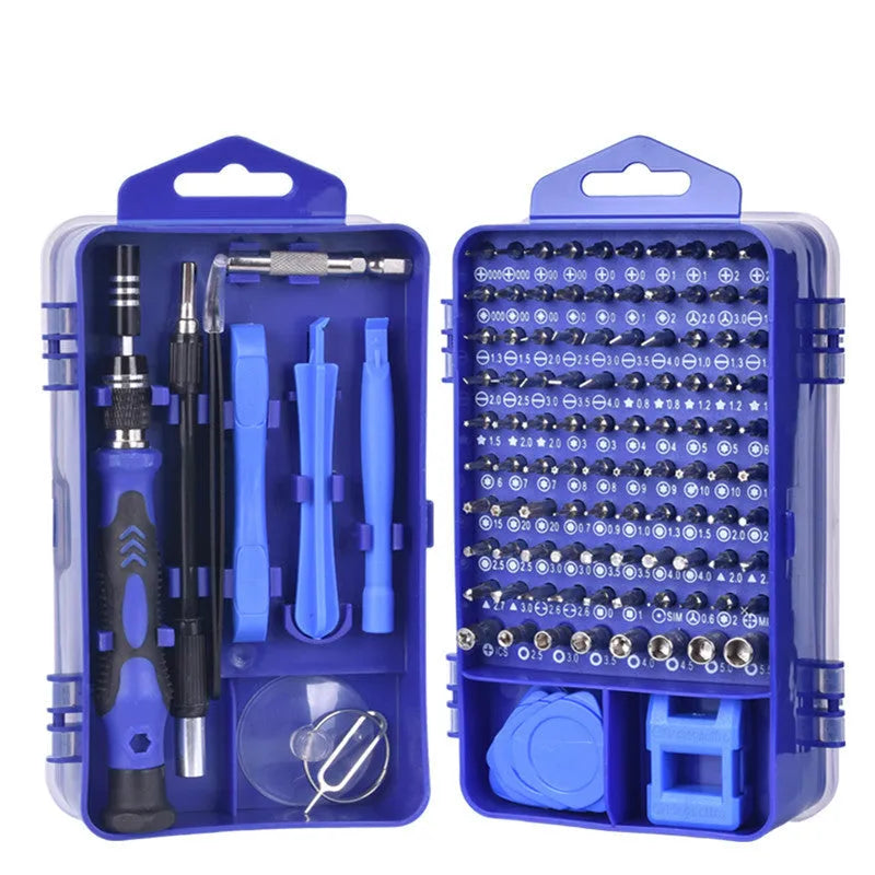 117 in 1 electronics screwdriver set with magnetic driver, bits, and flexible extension in a coloured case.
