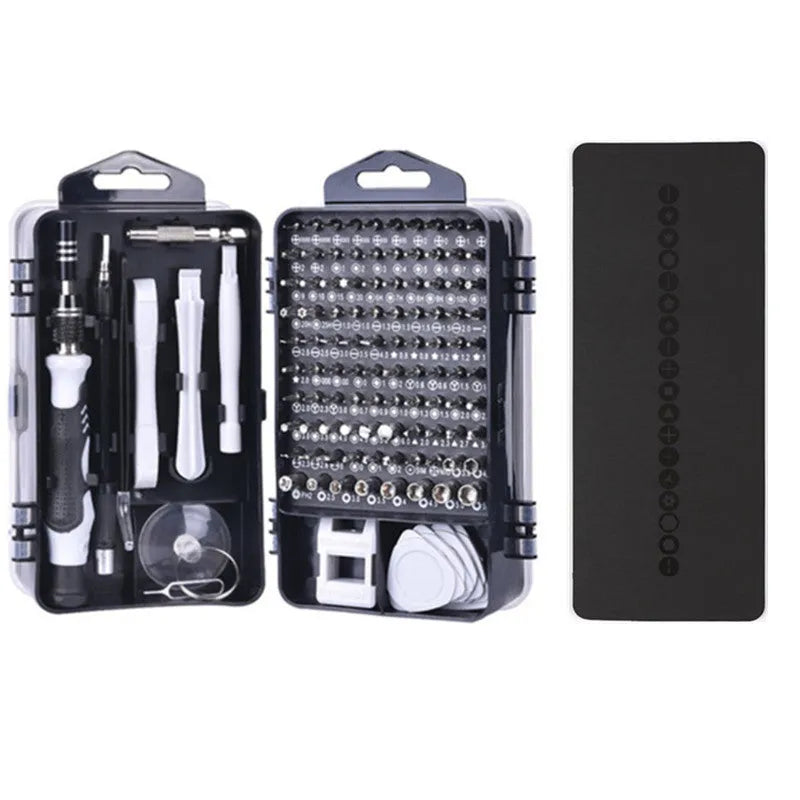 117 in 1 electronics screwdriver set with magnetic driver, bits, and flexible extension in a coloured case.
