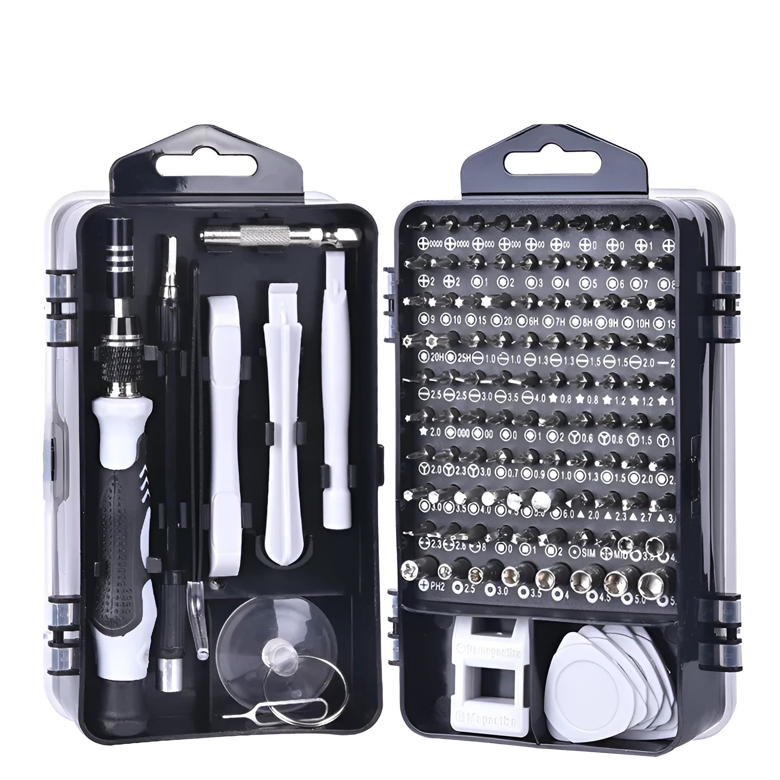 117 in 1 electronics screwdriver set with magnetic driver, bits, and flexible extension in a coloured case.