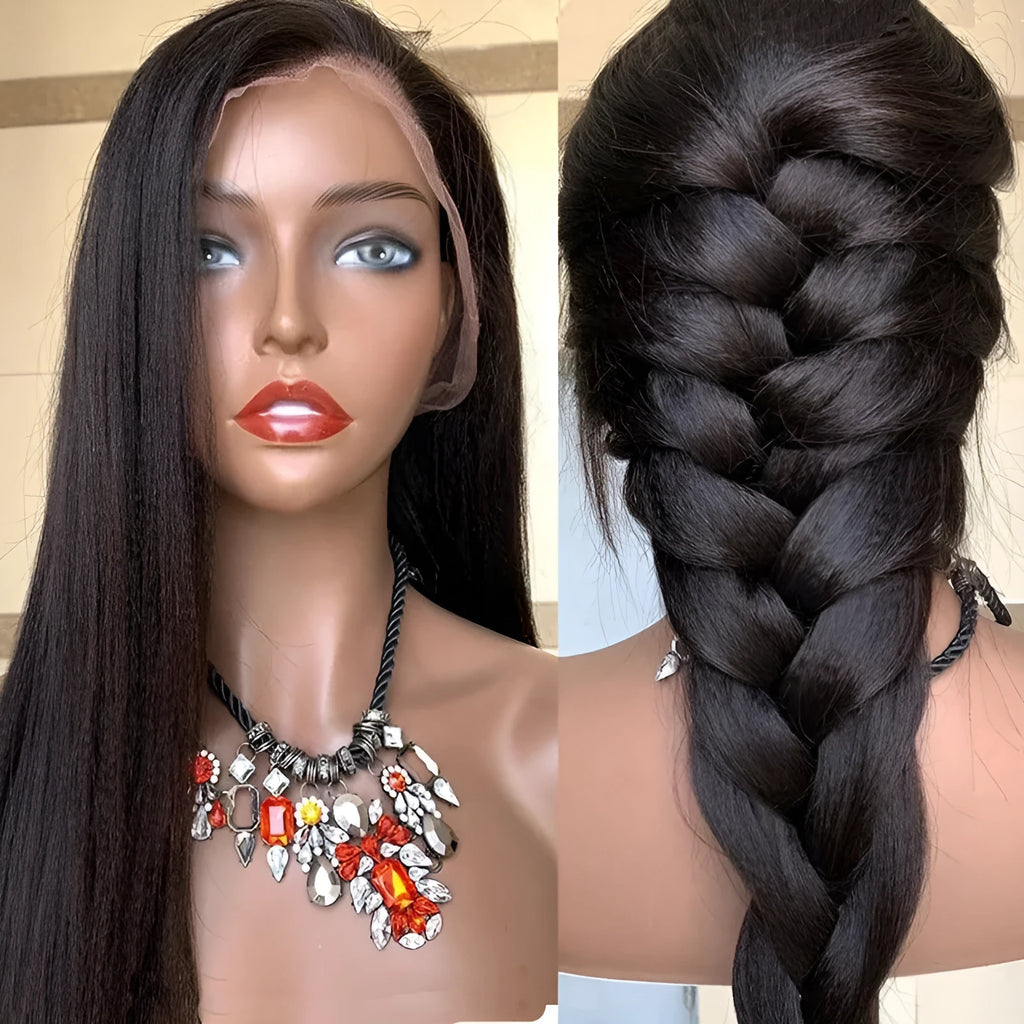 Black high temperature silk long straight wig with long bangs for ladies