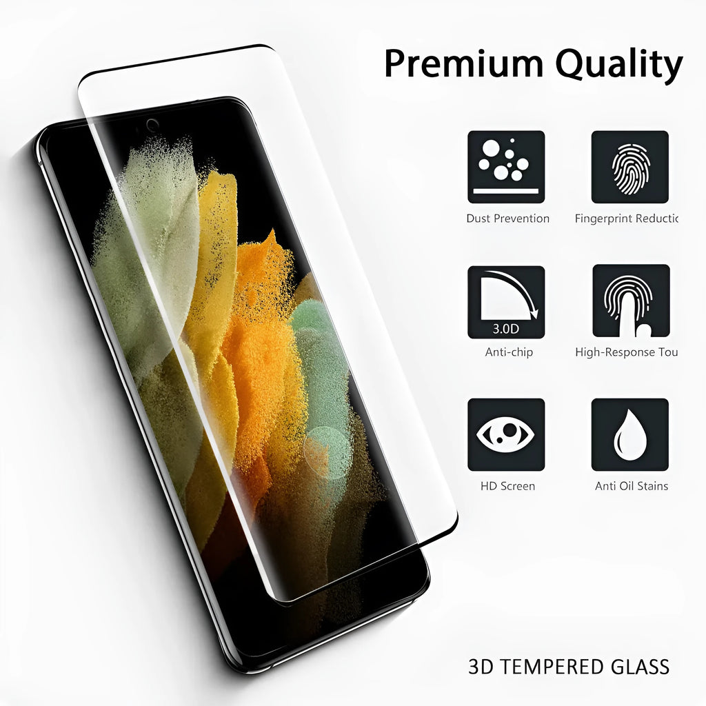 Samsung Galaxy S21 Ultra tempered glass screen protector for curved display.