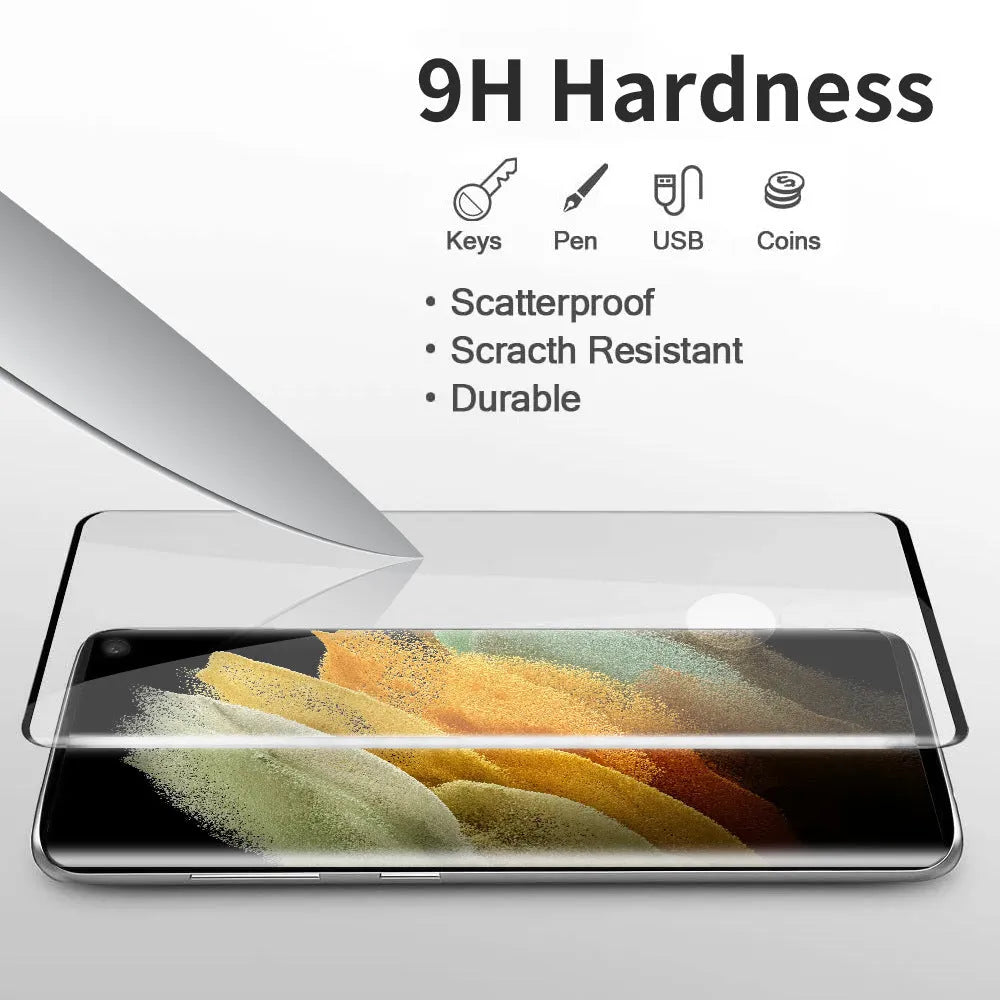 Samsung Galaxy S21 Ultra tempered glass screen protector for curved display.
