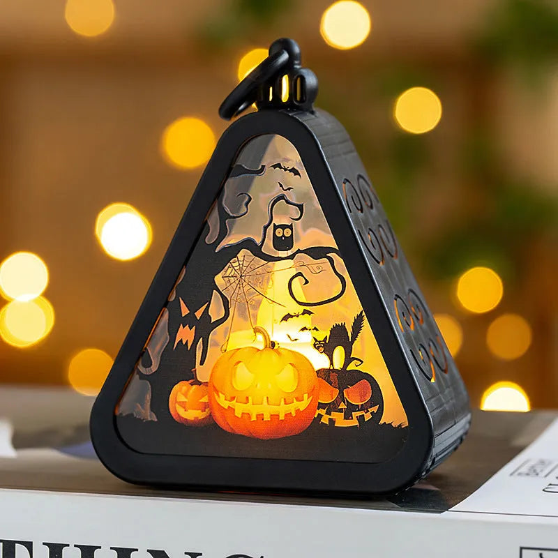 Halloween decoration set with pumpkin lamp, castle, witch and ghost hand props on display