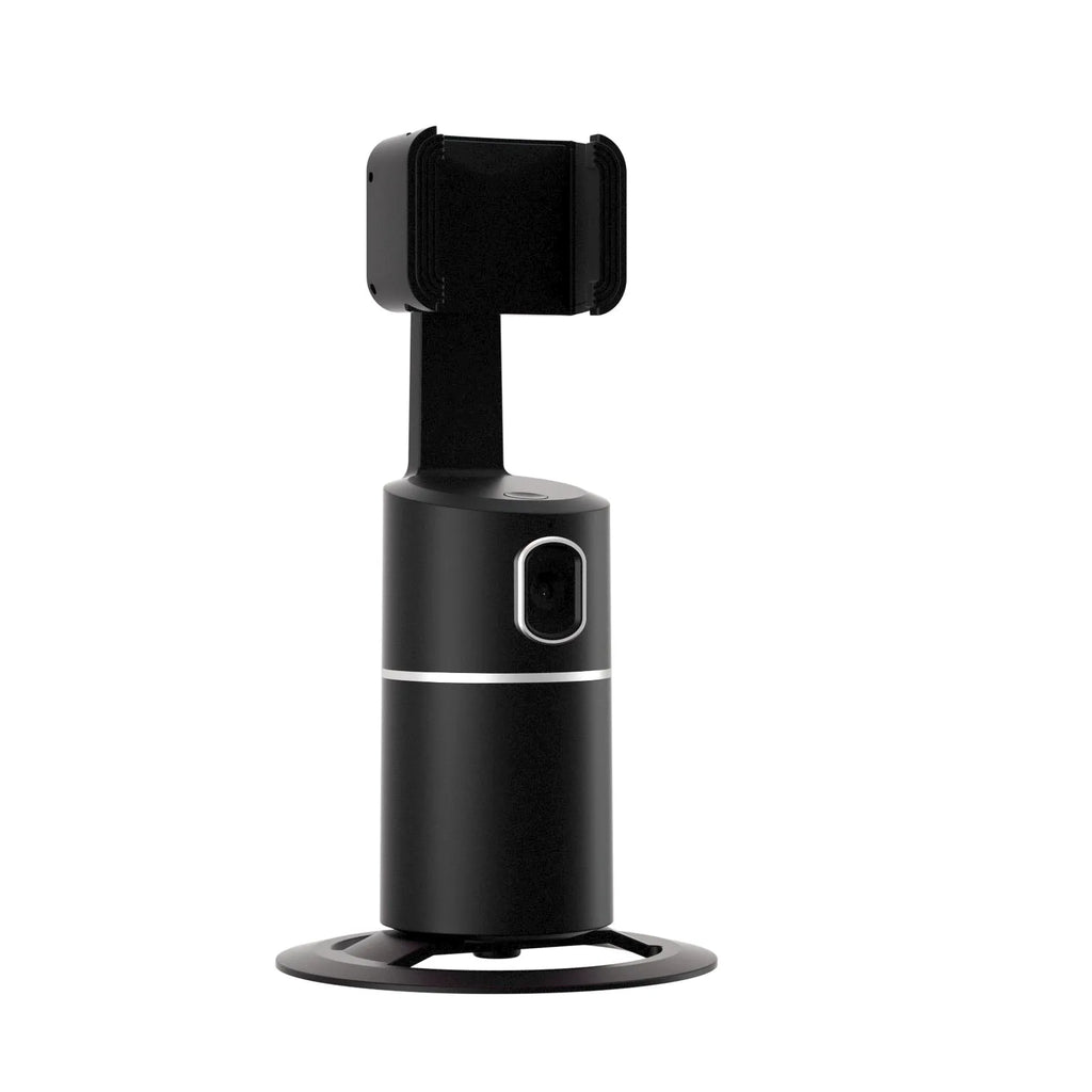 Black smart tracking gimbal stabiliser clipped onto a mobile phone.