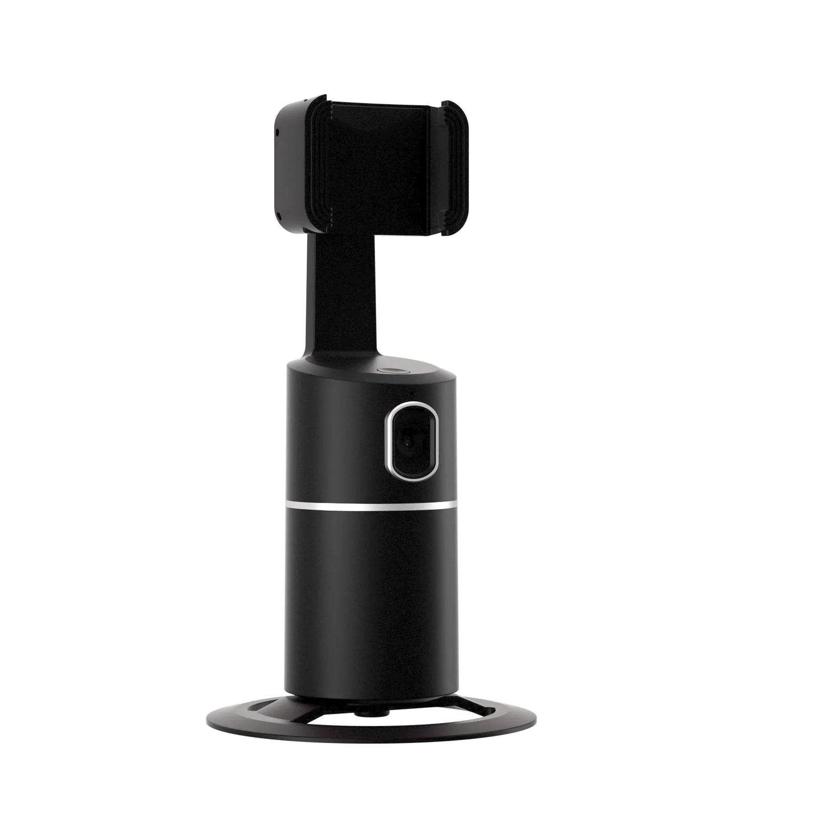 Black smart tracking gimbal stabiliser clipped onto a mobile phone.