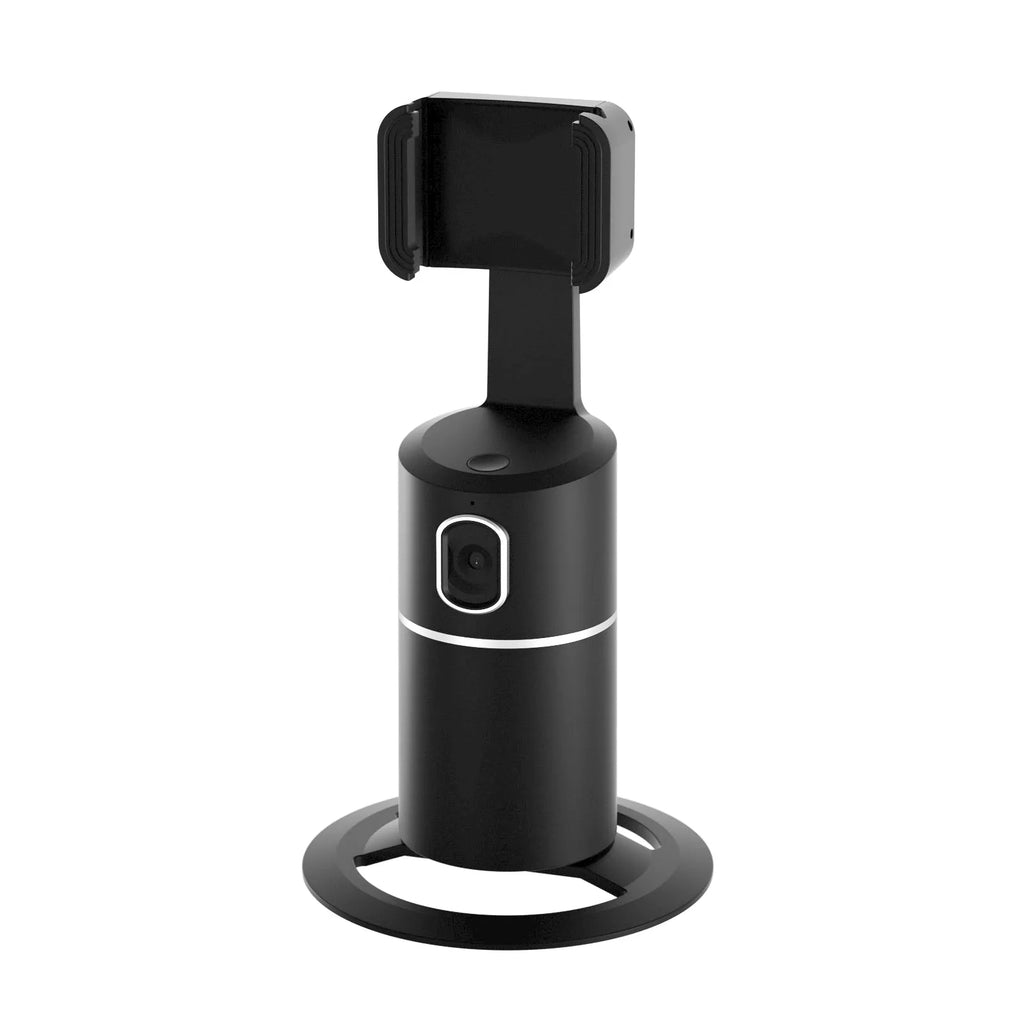 Black smart tracking gimbal stabiliser clipped onto a mobile phone.