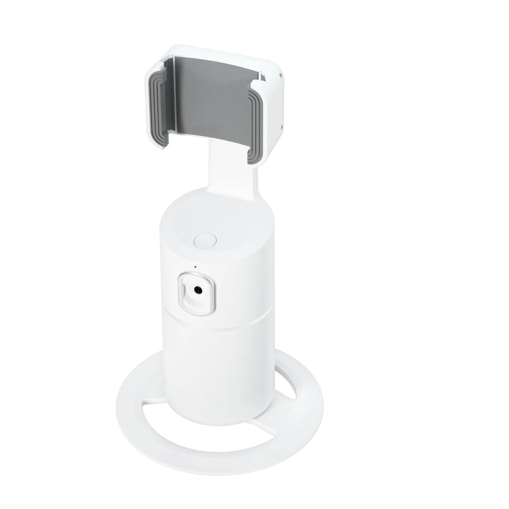 Black smart tracking gimbal stabiliser clipped onto a mobile phone.