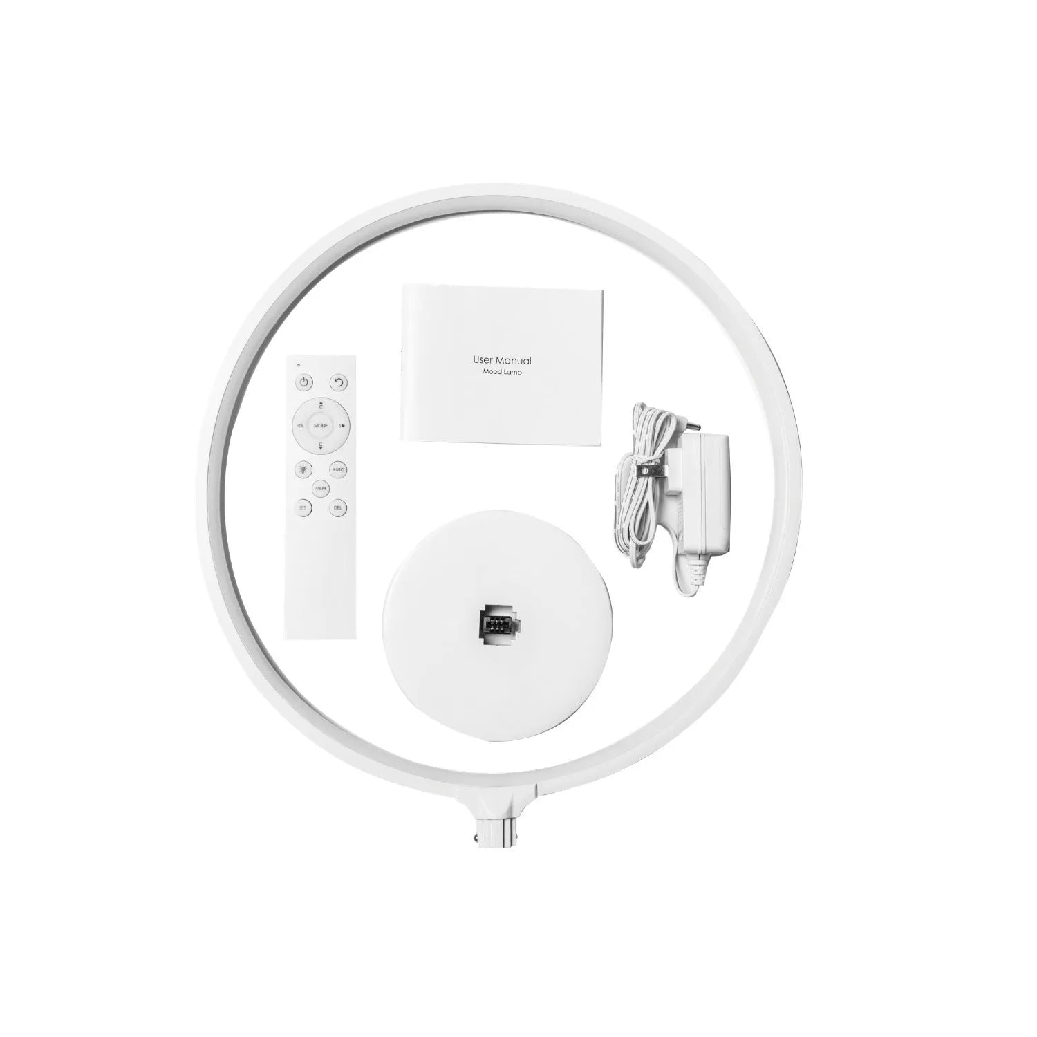 White Full Moon Mood Lamp table light with remote control on a surface.