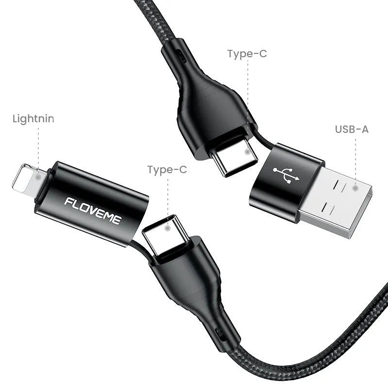 Black braided 4-in-1 data cable showing different connector ends for multiple phone types