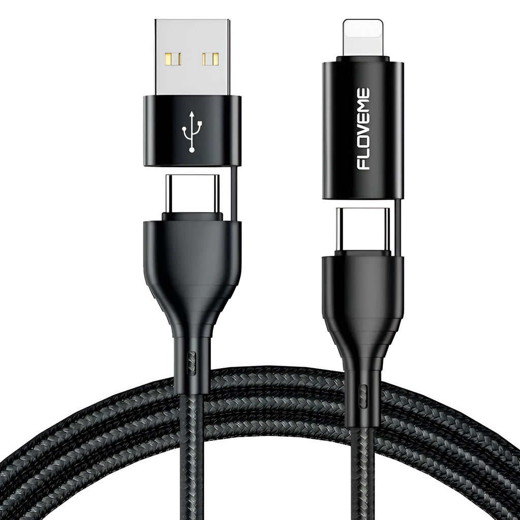 Black braided 4-in-1 data cable showing different connector ends for multiple phone types