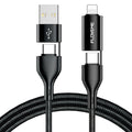 Black braided 4-in-1 data cable showing different connector ends for multiple phone types