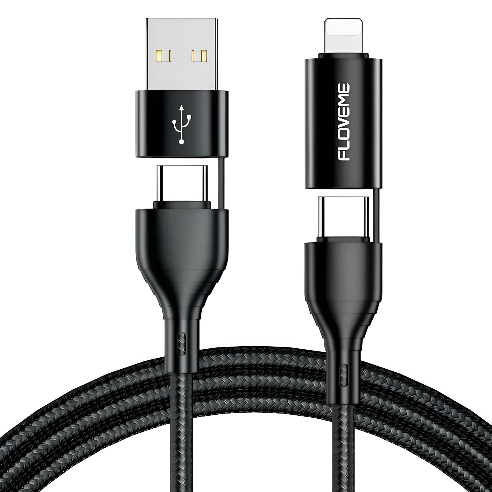 Black braided 4-in-1 data cable showing different connector ends for multiple phone types