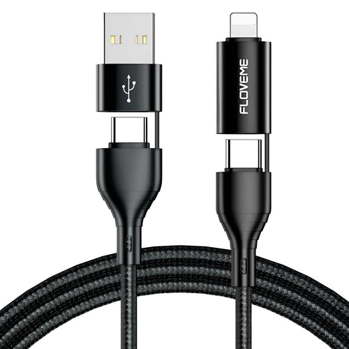 Black braided 4-in-1 data cable showing different connector ends for multiple phone types