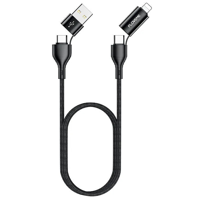 Black braided 4-in-1 data cable showing different connector ends for multiple phone types
