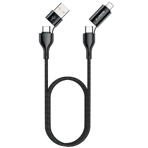 Black braided 4-in-1 data cable showing different connector ends for multiple phone types