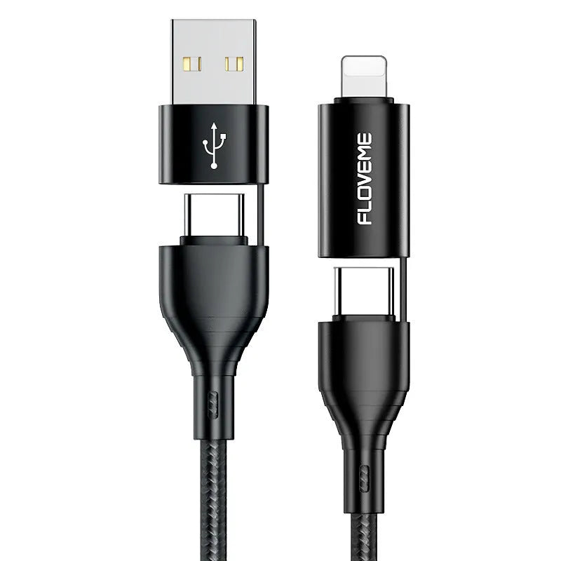 Black braided 4-in-1 data cable showing different connector ends for multiple phone types