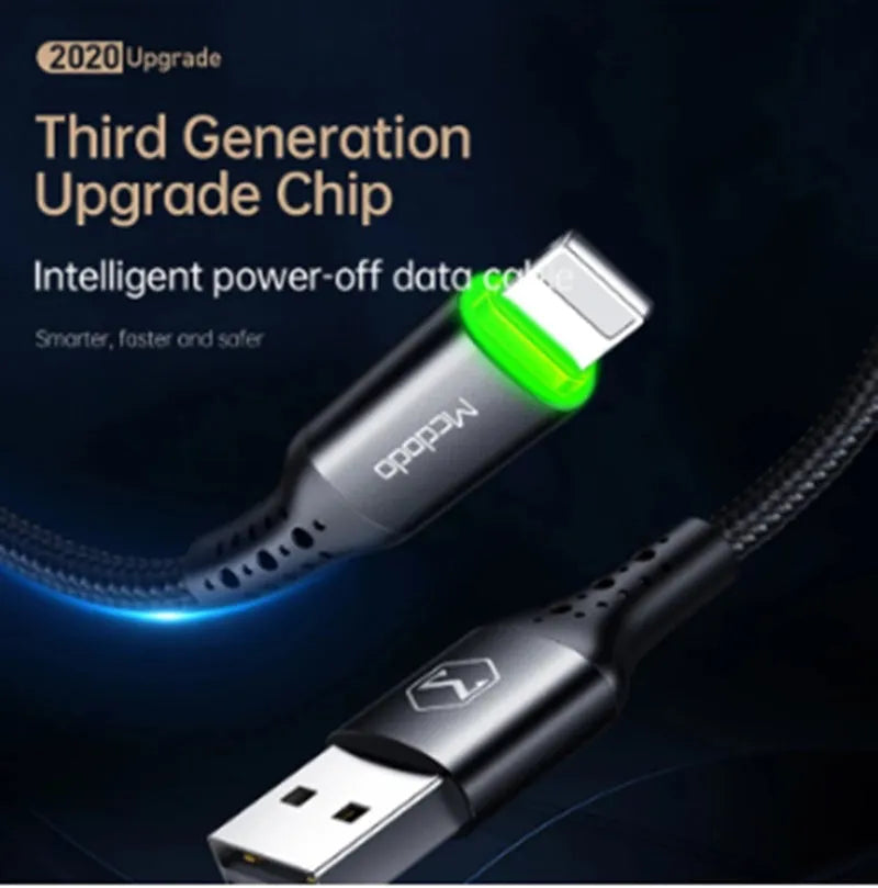Black Apple charging cable with LED light showing smart power-off technology for iPhone fast charging
