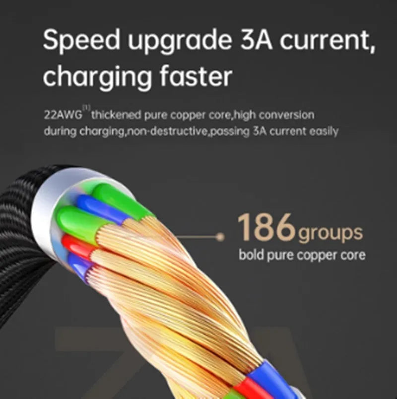 Black Apple charging cable with LED light showing smart power-off technology for iPhone fast charging