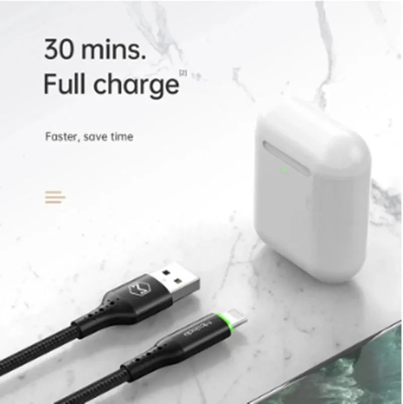 Black Apple charging cable with LED light showing smart power-off technology for iPhone fast charging