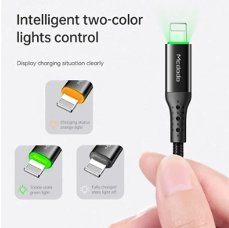 Black Apple charging cable with LED light showing smart power-off technology for iPhone fast charging