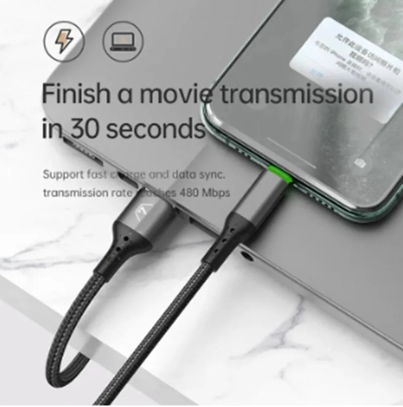 Black Apple charging cable with LED light showing smart power-off technology for iPhone fast charging