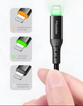 Black Apple charging cable with LED light showing smart power-off technology for iPhone fast charging