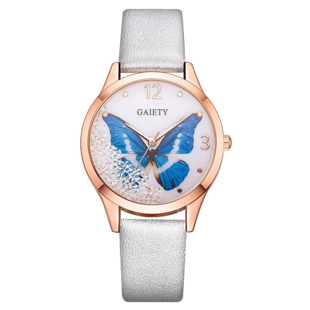 Gaiety ladies wrist watch with removable rhinestone butterfly decoration on leather strap