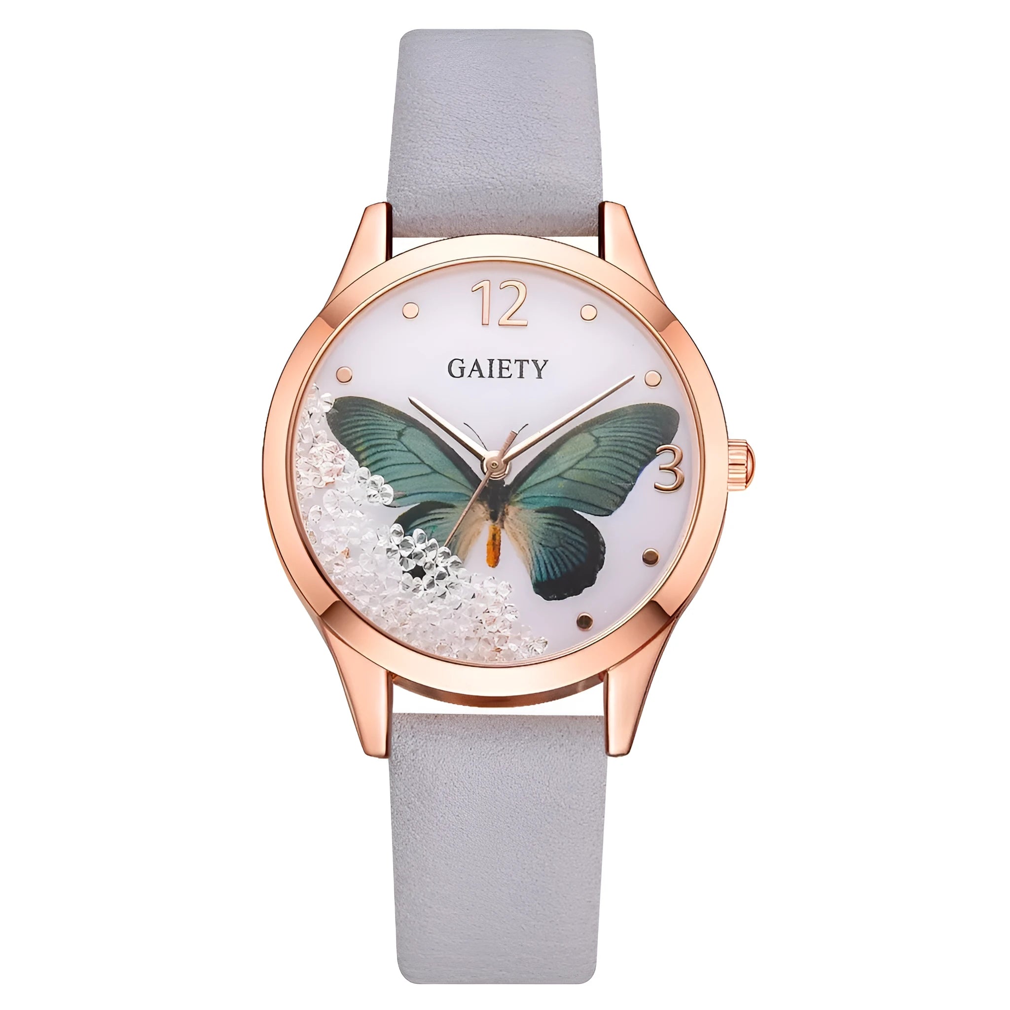 Gaiety ladies wrist watch with removable rhinestone butterfly decoration on leather strap
