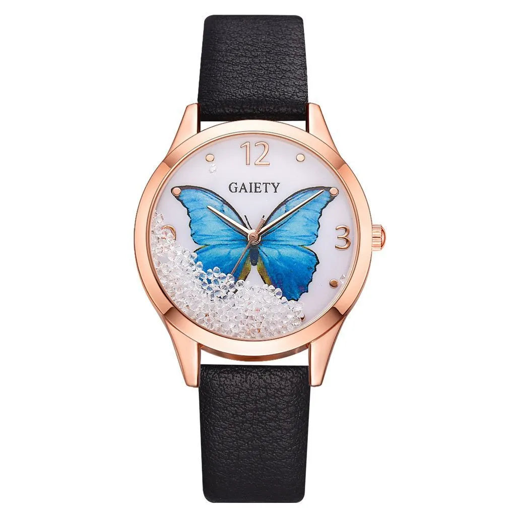 Gaiety ladies wrist watch with removable rhinestone butterfly decoration on leather strap