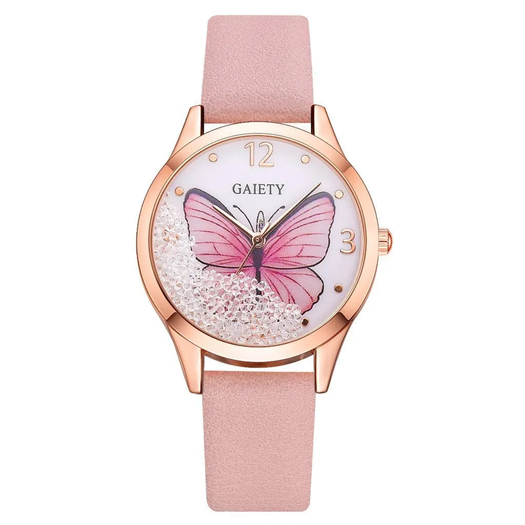 Gaiety ladies wrist watch with removable rhinestone butterfly decoration on leather strap