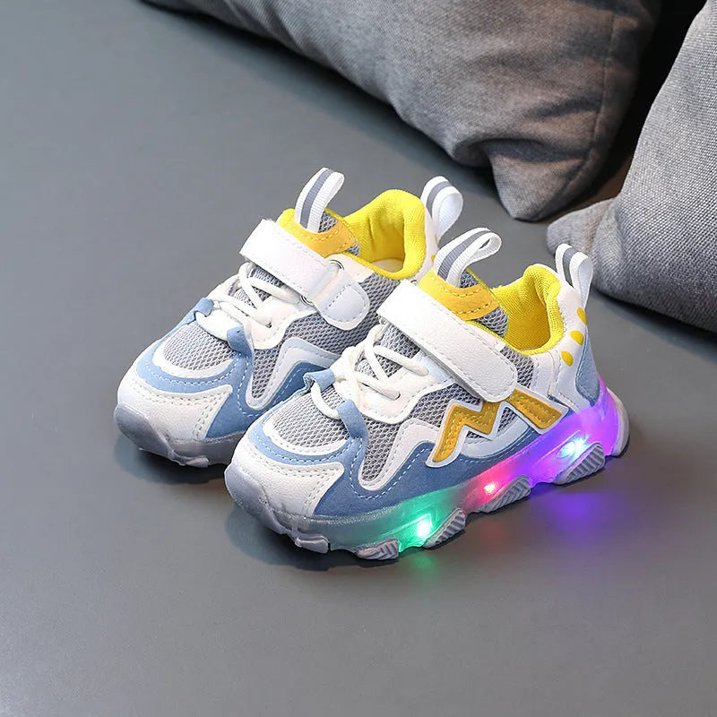 Children's bright light mesh sneakers with Velcro closure in black, grey, and pink colours