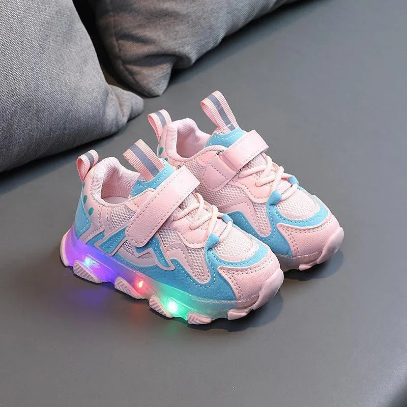 Children's bright light mesh sneakers with Velcro closure in black, grey, and pink colours