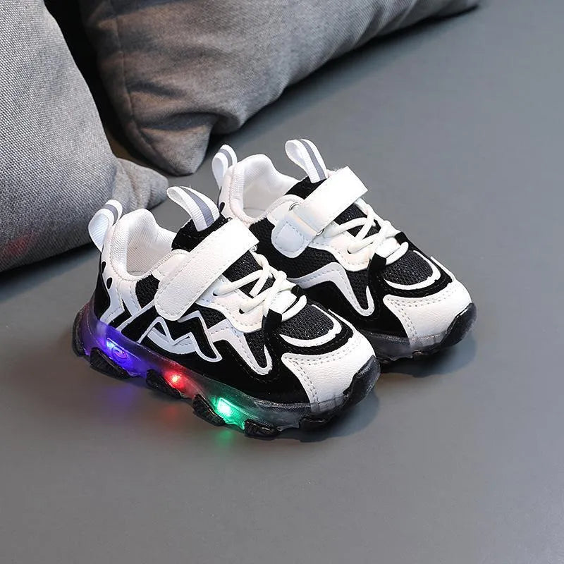 Children's bright light mesh sneakers with Velcro closure in black, grey, and pink colours