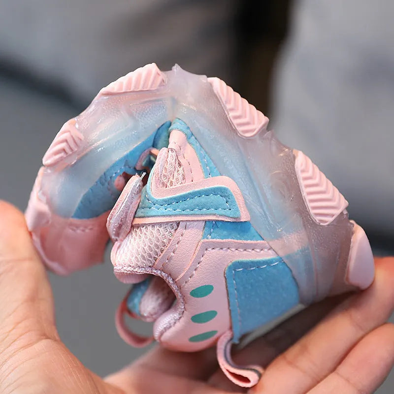 Children's bright light mesh sneakers with Velcro closure in black, grey, and pink colours