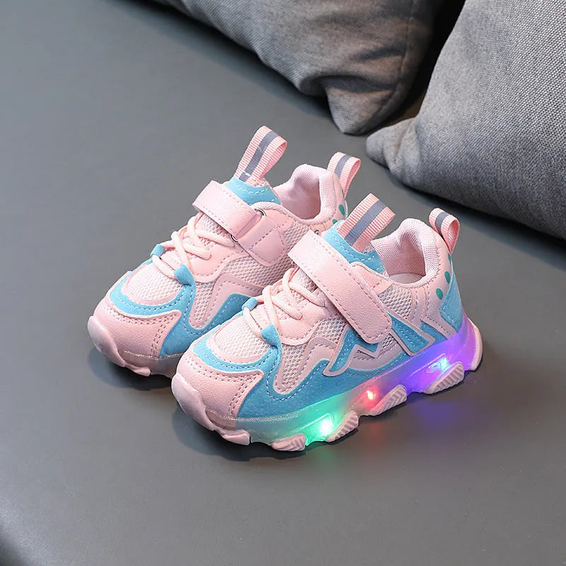 Children's bright light mesh sneakers with Velcro closure in black, grey, and pink colours
