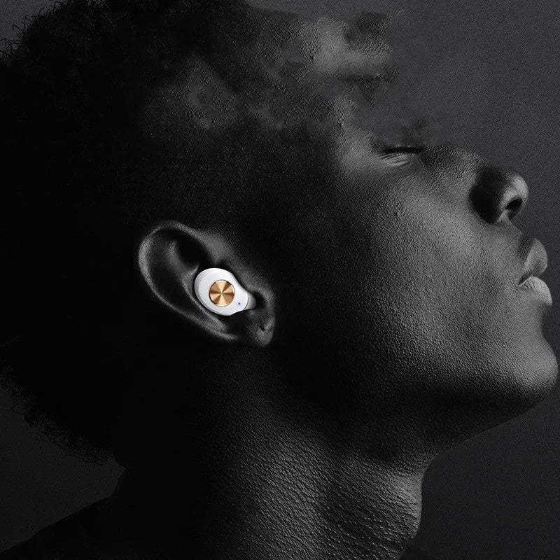 Pebble Series white mini TWS wireless Bluetooth earbuds and charging case on a grey background