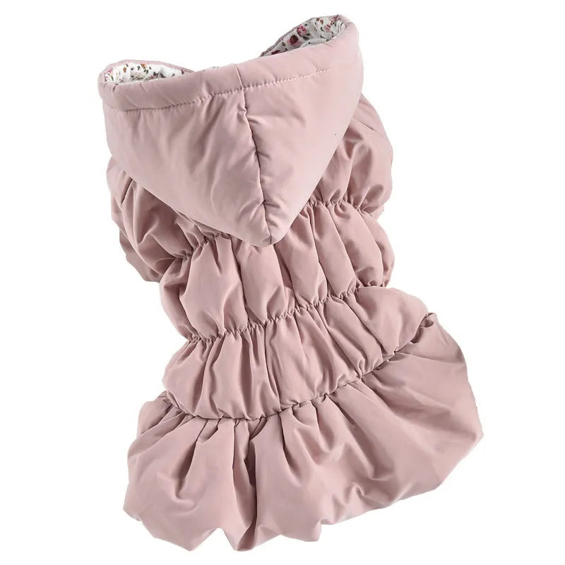 Thick cotton floral bubble skirt pet coat for winter, pink colour, suitable for small to large dogs and cats