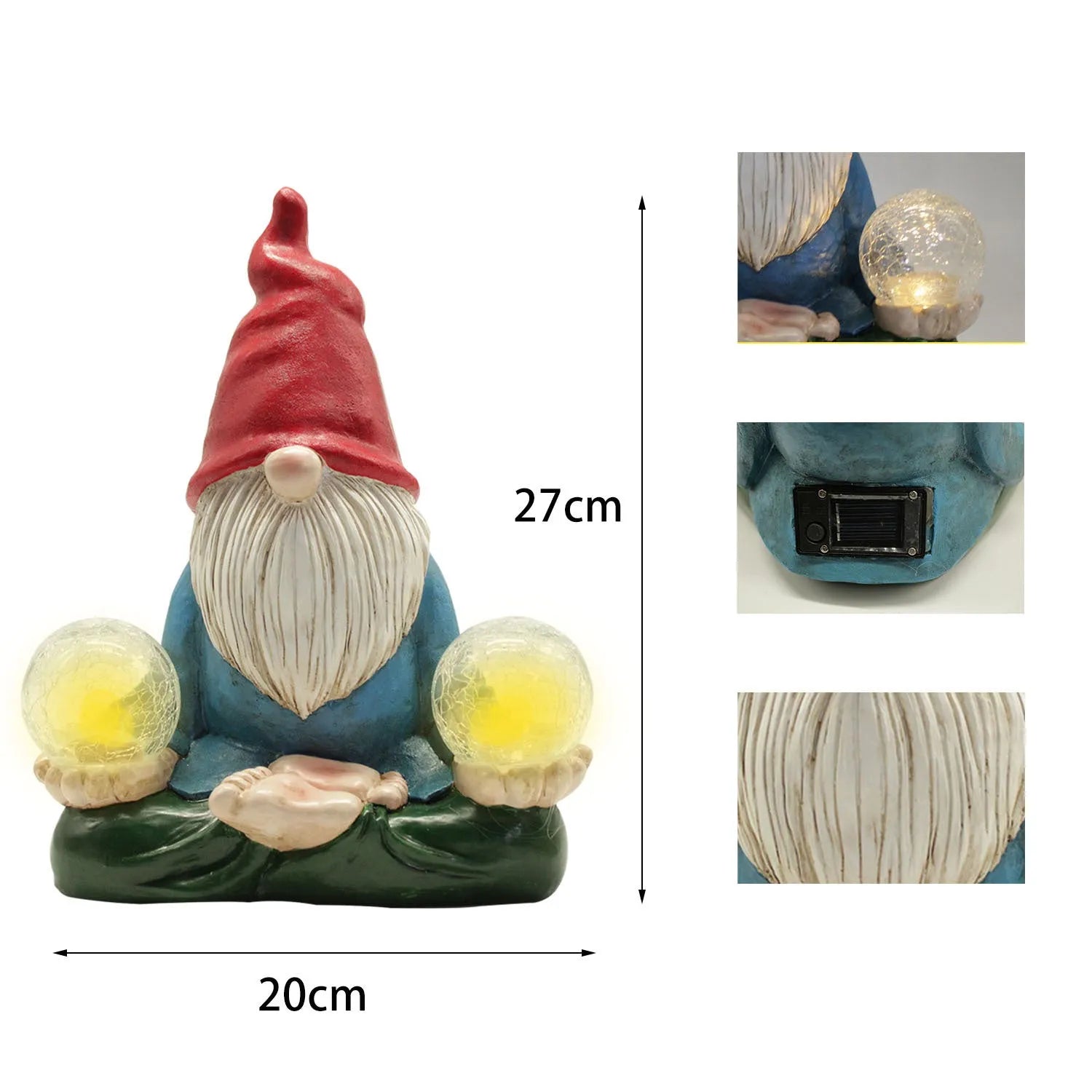Solar-powered resin dwarf doll garden ornament with faceless old man design measuring 27x20cm